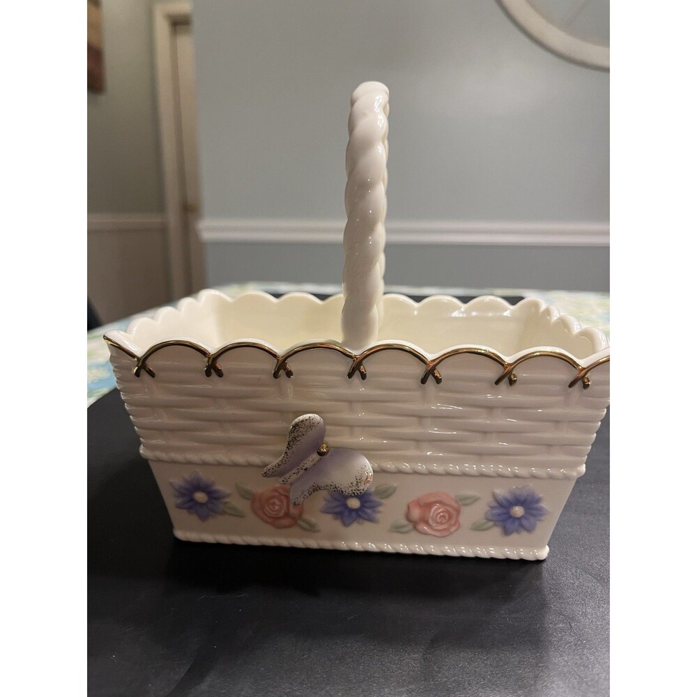 LENOX Porcelain Woven Basket Spring Flowers Butterfly Floral Gold READ
